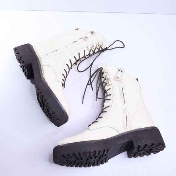 SAM EDELMAN Lenley Combat Boots Modern Ivory Chain Trim Lace Up Women's 6 - Picture 2 of 10